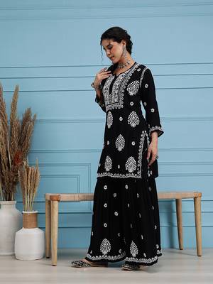 Hand embroidered black modal lucknowi chikankari garara set 3