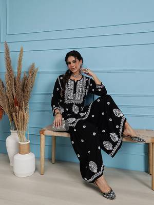 Hand embroidered black modal lucknowi chikankari garara set 5