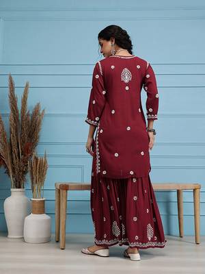 Hand embroidered maroon modal lucknowi chikankari garara set 2