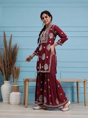 Hand embroidered maroon modal lucknowi chikankari garara set 3