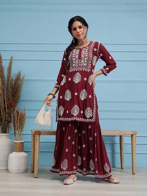Hand embroidered maroon modal lucknowi chikankari garara set 4