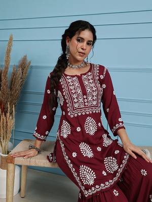 Hand embroidered maroon modal lucknowi chikankari garara set 5
