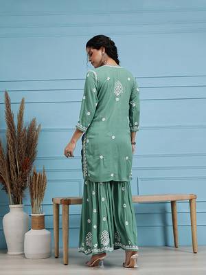 Hand embroidered green modal lucknowi chikankari garara set 2