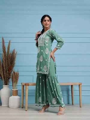 Hand embroidered green modal lucknowi chikankari garara set 3