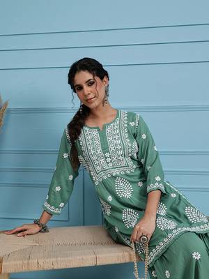 Hand embroidered green modal lucknowi chikankari garara set 4