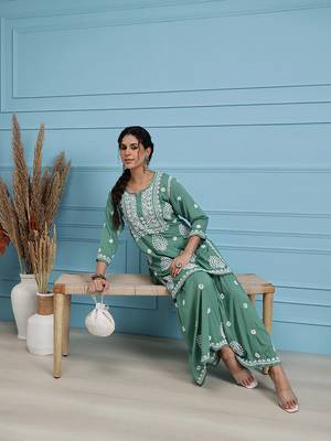 Hand embroidered green modal lucknowi chikankari garara set 5
