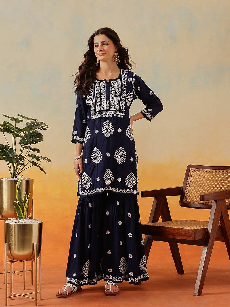 Hand embroidered navy blue modal lucknowi chikankari garara set