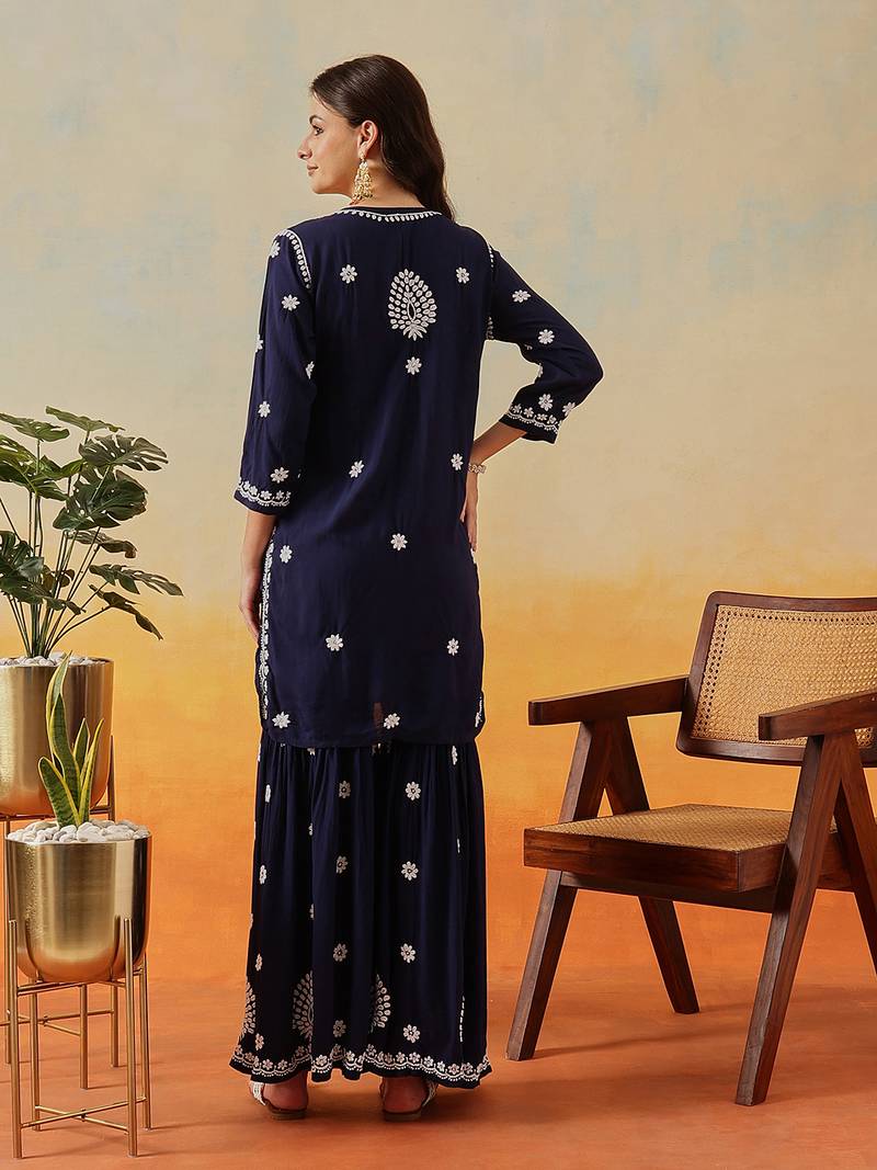 Hand embroidered navy blue modal lucknowi chikankari garara set