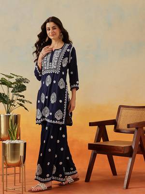 Hand embroidered navy blue modal lucknowi chikankari garara set 4