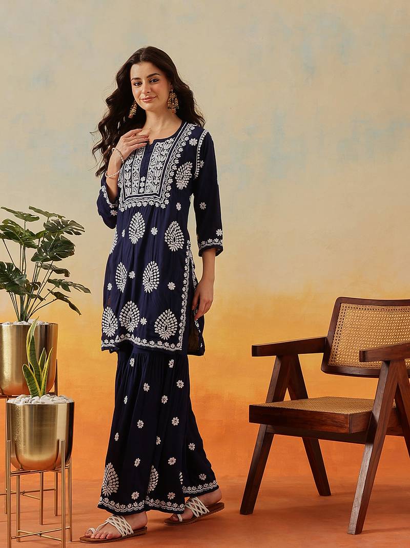 Hand embroidered navy blue modal lucknowi chikankari garara set