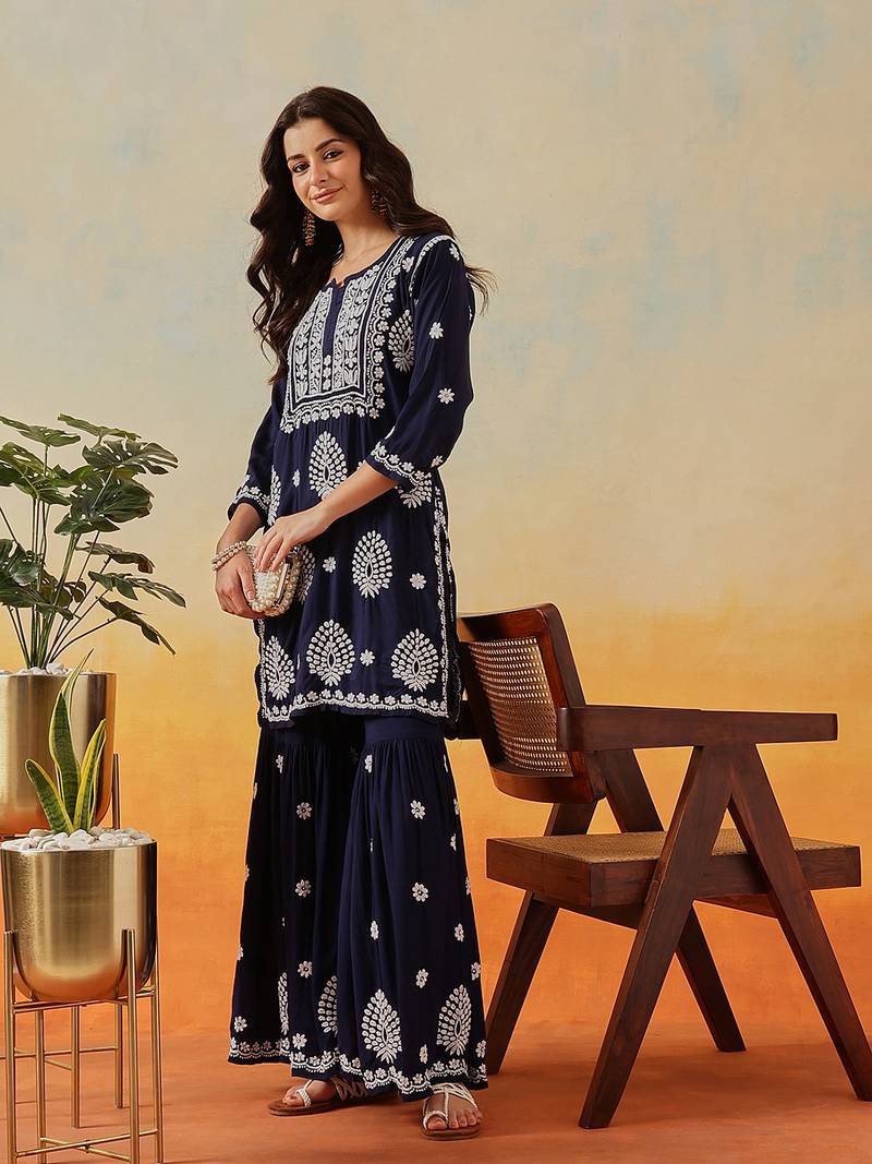 Hand embroidered navy blue modal lucknowi chikankari garara set