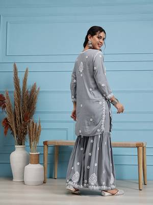 Hand embroidered grey modal lucknowi chikankari garara set 2