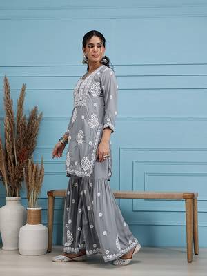 Hand embroidered grey modal lucknowi chikankari garara set 3