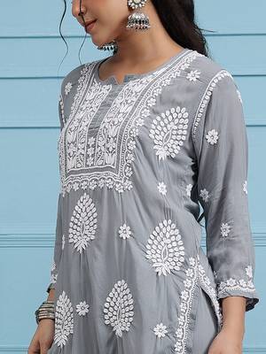 Hand embroidered grey modal lucknowi chikankari garara set 4