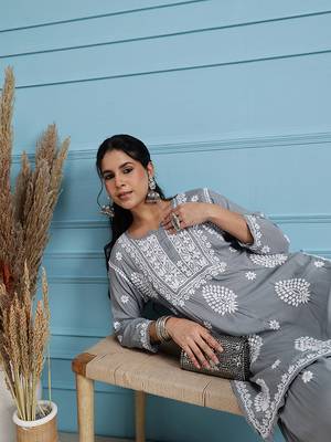 Hand embroidered grey modal lucknowi chikankari garara set 5