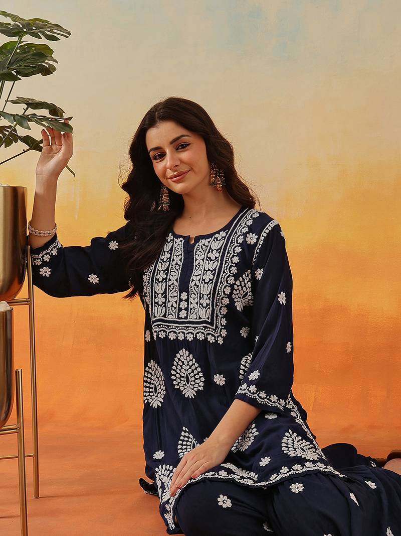 Hand embroidered navy blue modal lucknowi chikankari garara set