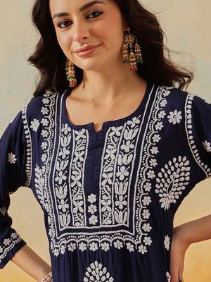 Hand embroidered navy blue modal lucknowi chikankari garara set 7