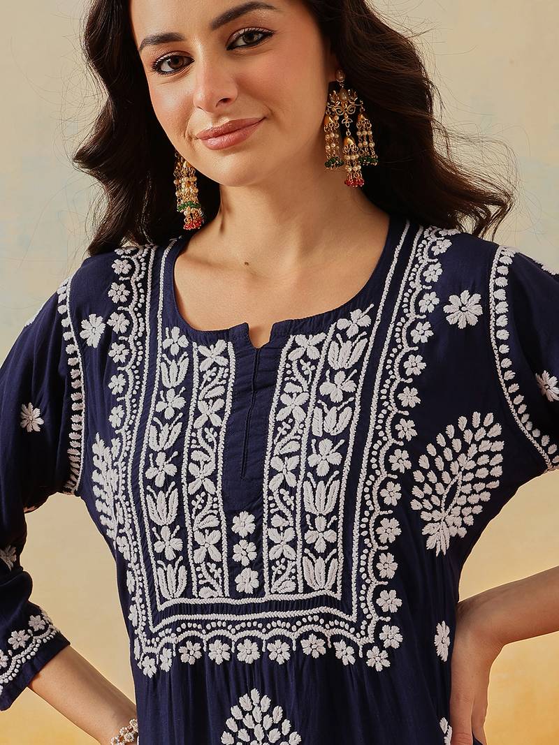 Hand embroidered navy blue modal lucknowi chikankari garara set