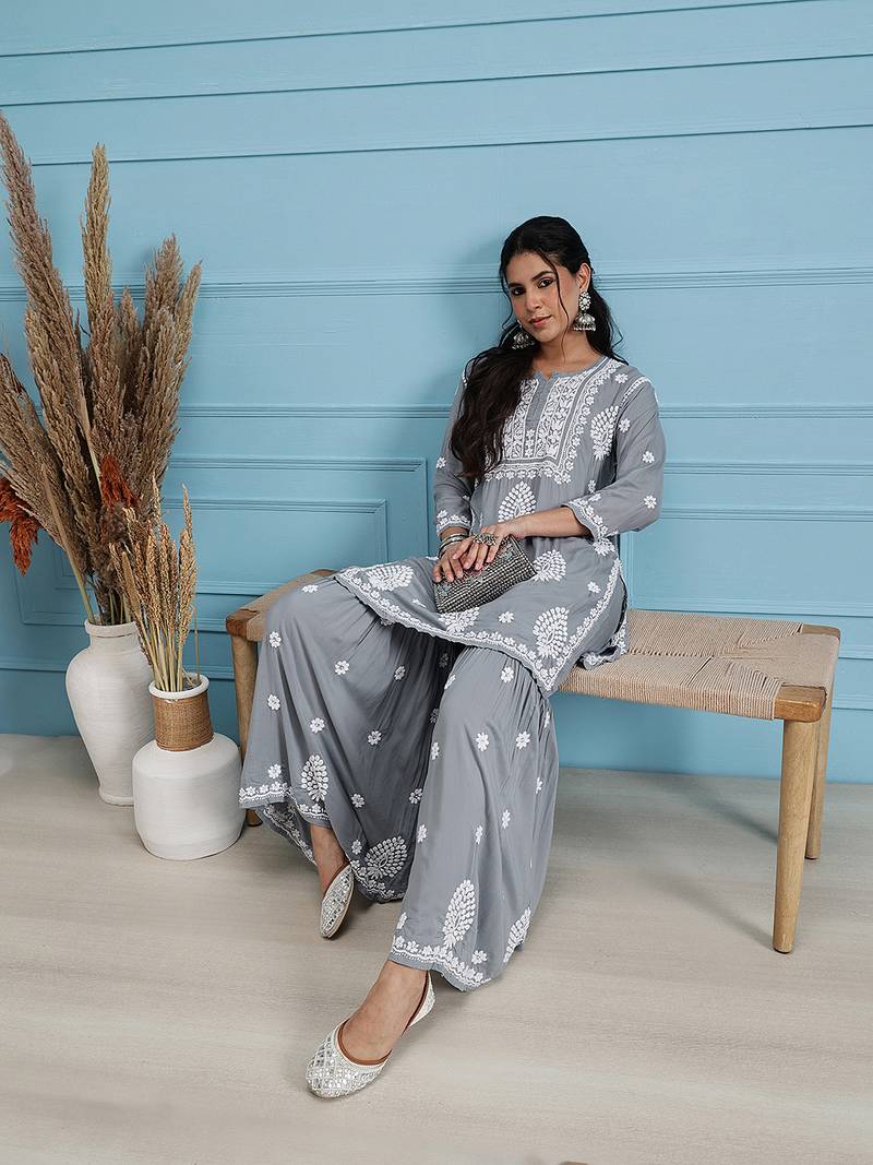 Hand embroidered grey modal lucknowi chikankari garara set