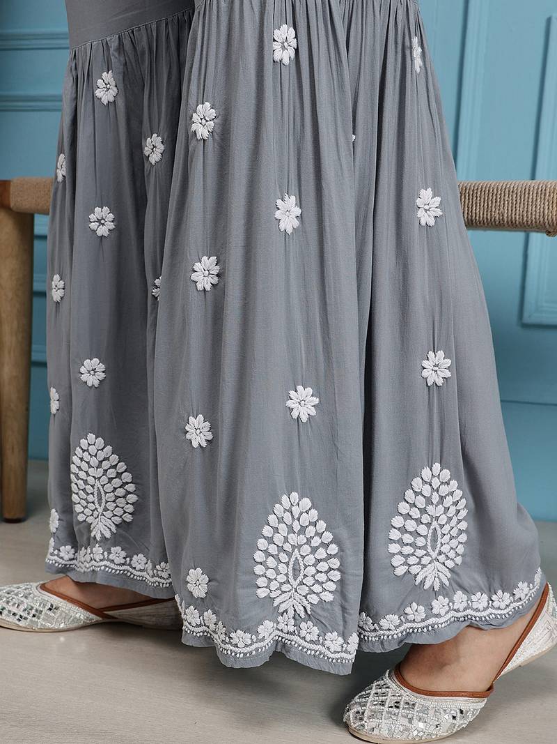 Hand embroidered grey modal lucknowi chikankari garara set