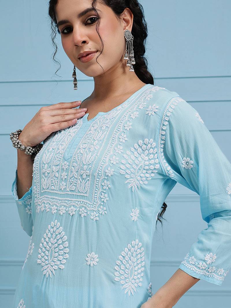 Hand embroidered sky blue modal lucknowi chikankari garara set