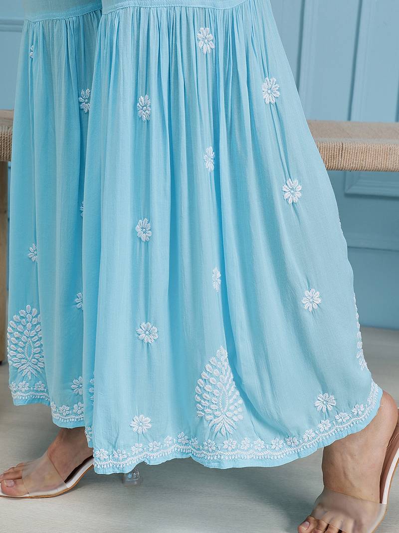 Hand embroidered sky blue modal lucknowi chikankari garara set