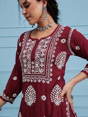 Hand embroidered maroon modal lucknowi chikankari garara set 6