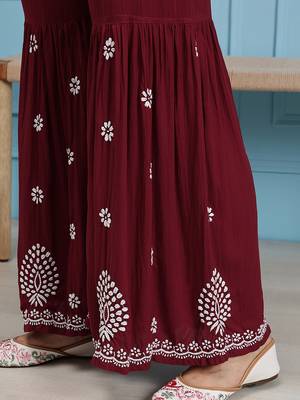 Hand embroidered maroon modal lucknowi chikankari garara set 8