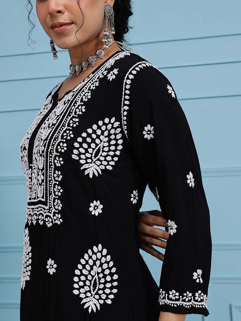 Hand embroidered black modal lucknowi chikankari garara set