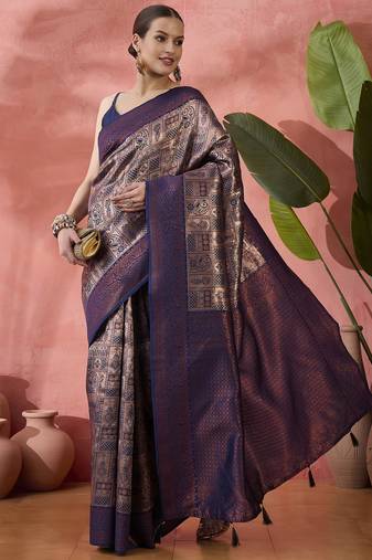 Navy blue Poly silk saree with jacquard work & printed design