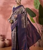 Navy blue Poly silk saree with jacquard work & printed design