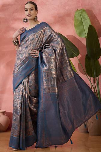 Blue Poly silk saree with jacquard work & printed design