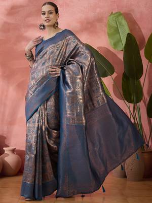 Blue Poly silk saree with jacquard work & printed design 1