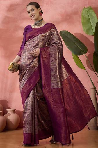 purple Poly silk saree with jacquard work & printed design