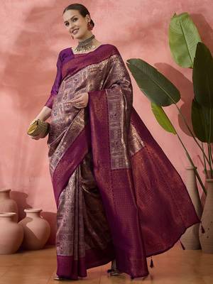 purple Poly silk saree with jacquard work & printed design 1