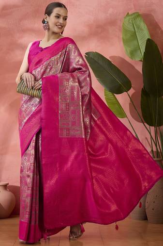 Rani pink Poly silk saree with jacquard work & printed design