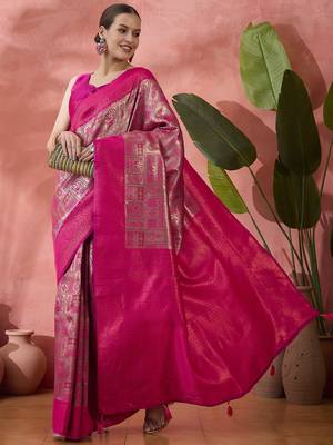 Rani pink Poly silk saree with jacquard work & printed design 1