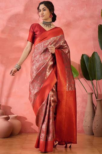 red Poly silk saree with jacquard work & printed design