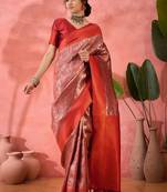 red Poly silk saree with jacquard work & printed design