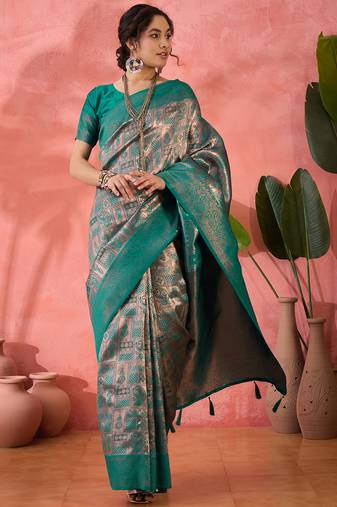 teal Poly silk saree with jacquard work & printed design