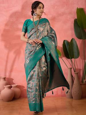 teal Poly silk saree with jacquard work & printed design 1