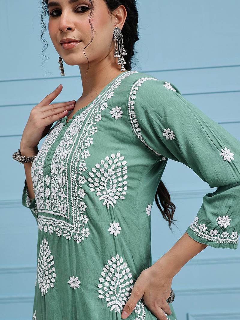 Hand embroidered green modal lucknowi chikankari garara set