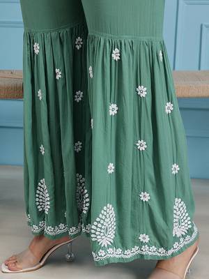 Hand embroidered green modal lucknowi chikankari garara set 8