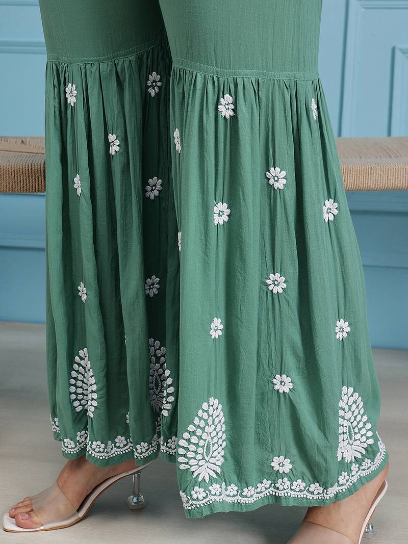 Hand embroidered green modal lucknowi chikankari garara set