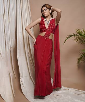 ready to wear red pre-stitched draped saree 1