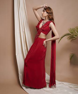 ready to wear red pre-stitched draped saree 2