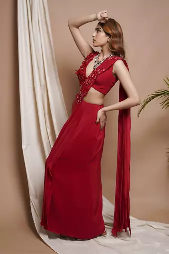 ready to wear red pre-stitched draped saree