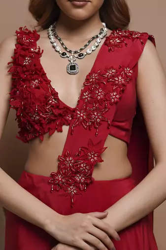 ready to wear red pre-stitched draped saree