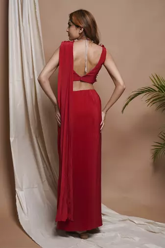 ready to wear red pre-stitched draped saree