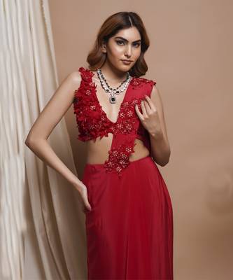 ready to wear red pre-stitched draped saree 5